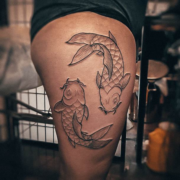 Excellent Girls Koi Fish Tattoo Design Ideas Thigh