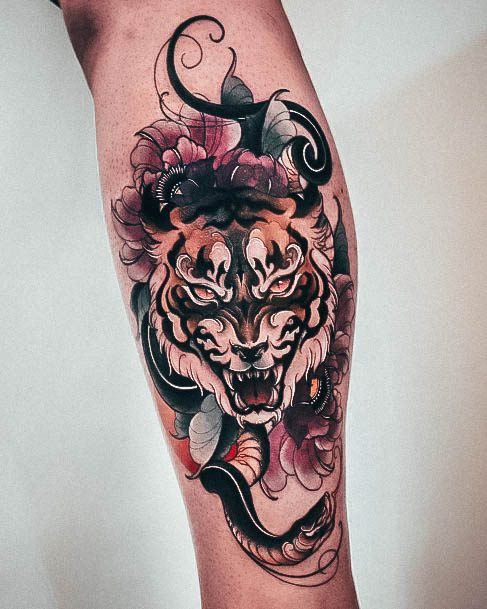 Excellent Girls Neo Traditional Tattoo Design Ideas Tiger Leg Calf