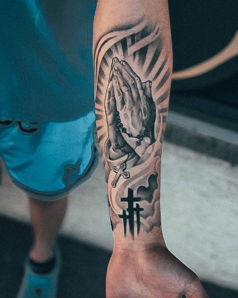 Praying Hands And Cloud Sleeve Tattoo