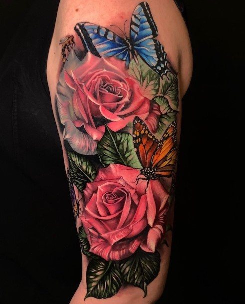 Excellent Girls Rose Sleeve Tattoo Design Ideas