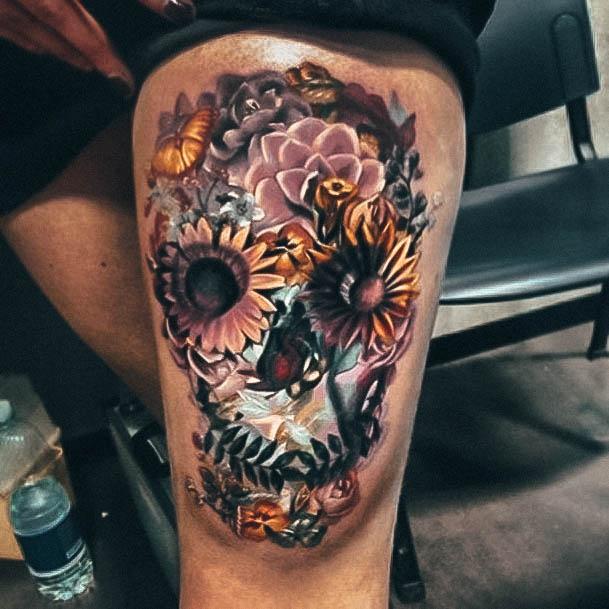 Excellent Girls Sugar Skull Tattoo Design Ideas Thigh 3d Optical Illusion