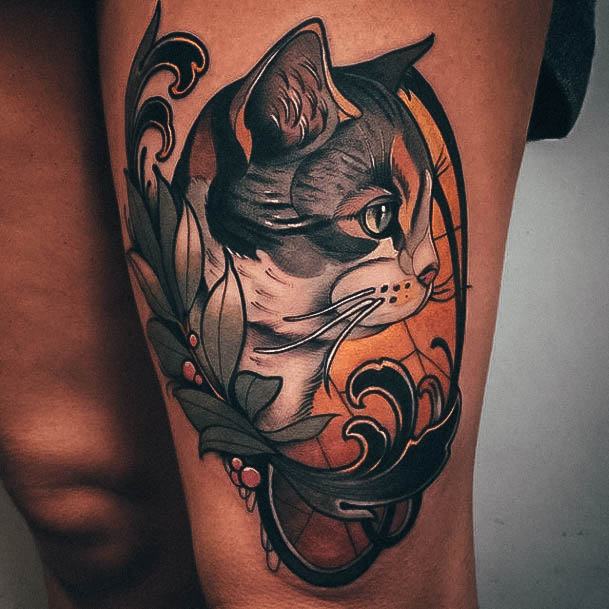 Exceptional Womens Neo Traditional Tattoo Ideas Thigh Cat