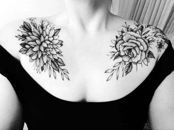 Exclusive Grey Flower Tattoo Womens Collarbone