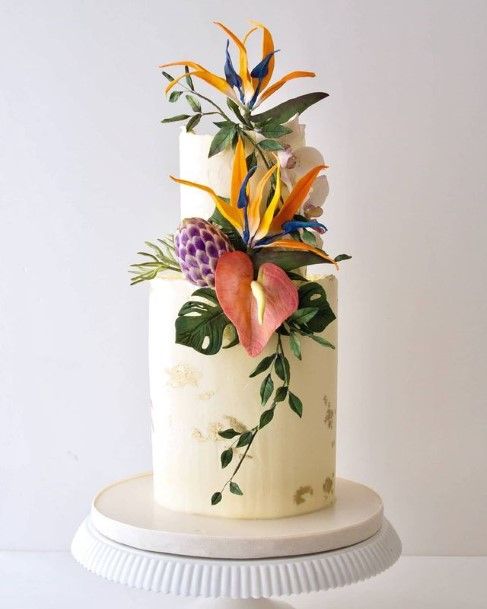 Exotic Flowers On 2 Tier Wedding Cake Tropical