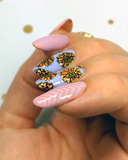 Exotic Yellow Flowers On Light Purple Nails