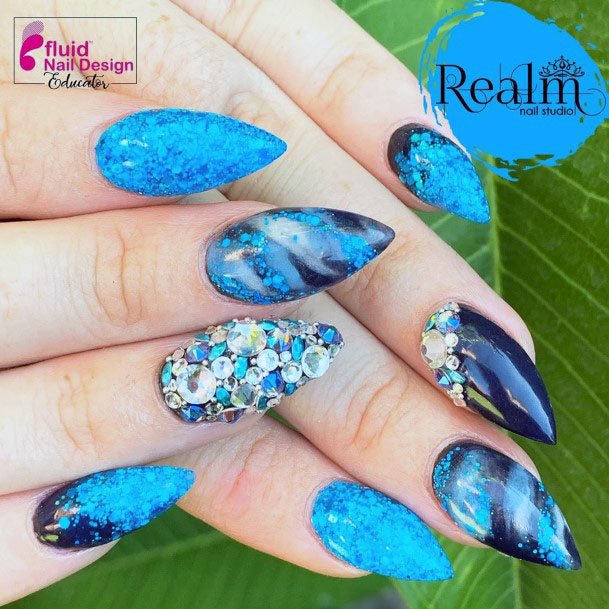 Exquisite Aquatic Diamond Almond Blue And Black Water Color Nail Art Design Ideas Forgirls