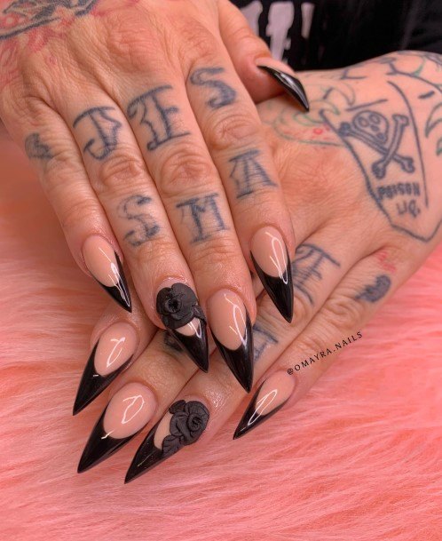 Exquisite Black French Tip Nails On Girl