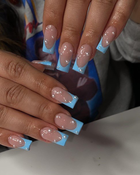 Exquisite Blue French Tip Nails On Girl