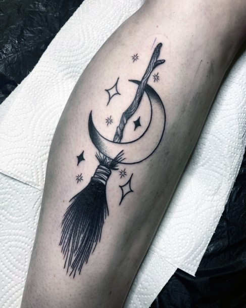 Exquisite Broomstick Tattoos On Girl