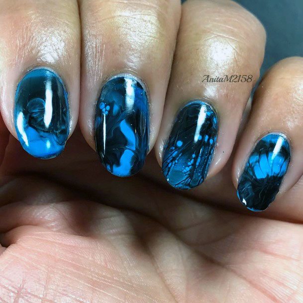 Exquisite Cool Water Color Blue And Black Design Ideas For Women Nails