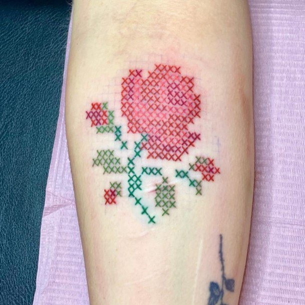 Exquisite Cross Stitch Tattoos On Girl