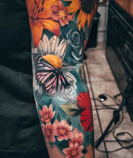 Exquisite Flower Sleeve Tattoos On Girl