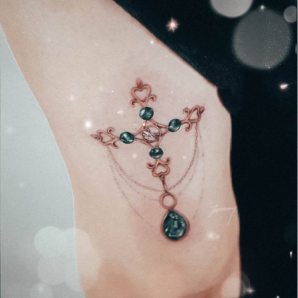 Exquisite Gem Tattoos On Girl Cross Teal Jewerly