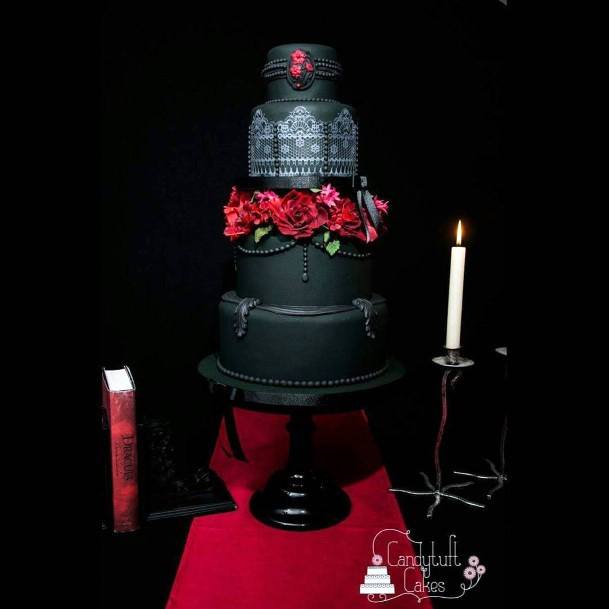 Exquisite Halloween Black Wedding Cake Inspiration Blood Red Floral