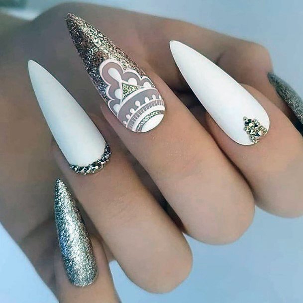 Exquisite Ideas Lush White Sparkling Gold And Silver Jewels Prom Nails For Ladies