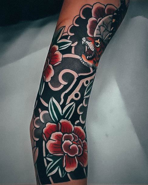 Exquisite Japanese Tattoos On Girl Clouds With Flower And Tiger