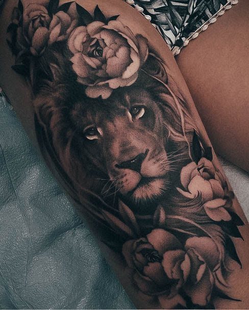 Exquisite Leo Tattoos On Girl Thigh Lion Flowers Shaded Black And Grey