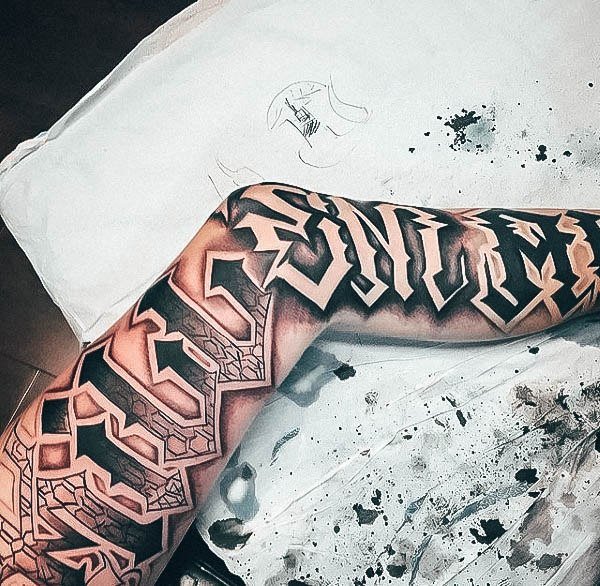 Exquisite Lettering Tattoos On Girl Leg Sleeve