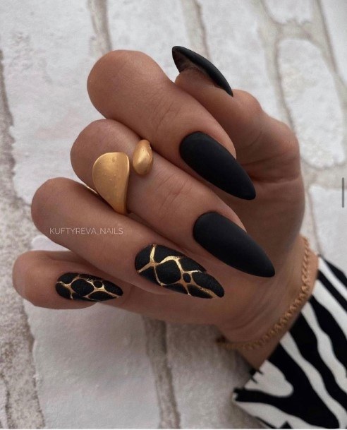 Exquisite Matte Black And Gold Nails On Girl