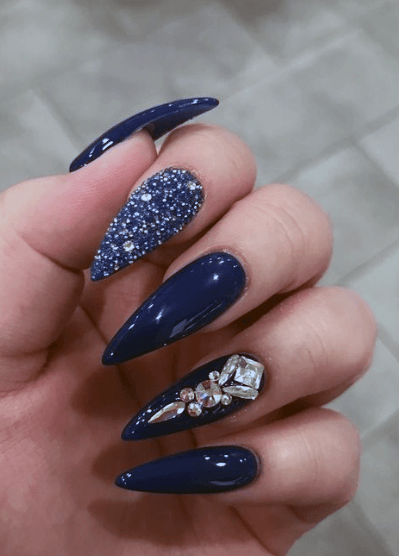 Exquisite Midnight Nails With Starred Diamond Women