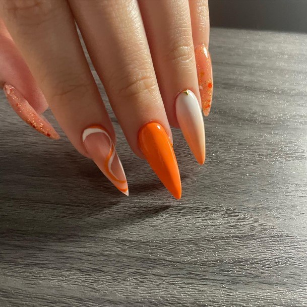 Exquisite Orange And White Nails On Girl