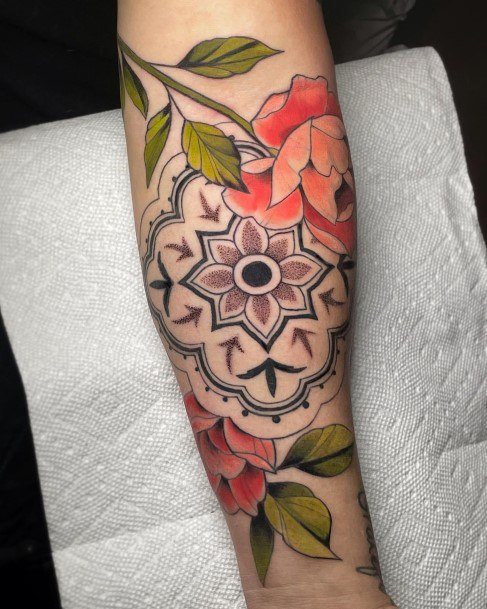 Exquisite Peony Tattoos On Girl Forearm Geometric Mandala