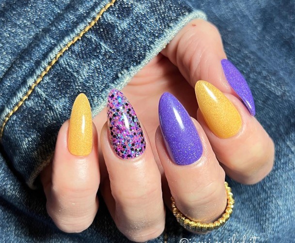 Exquisite Purple And Yellow Nails On Girl