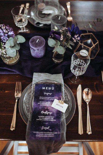 Exquisite Purple Wedding Decoration Dinner Menu Candle Centerpiece Table Inspiration Ideas