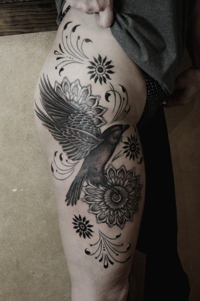 Exquisite Raven Tattoos On Girl Thigh Flower Mandalas