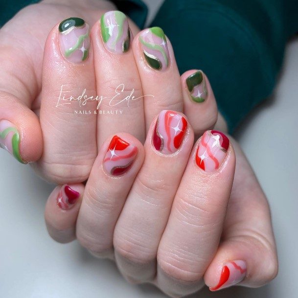 Exquisite Red And Green Nails On Girl