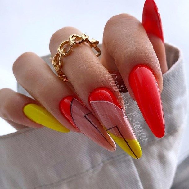 Exquisite Red And Yellow Nails On Girl