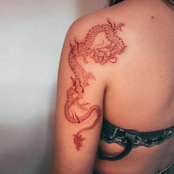 Exquisite Red Dragon Tattoos On Girl