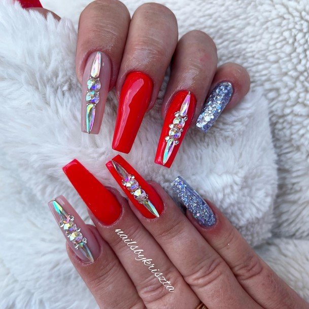 Exquisite Red With Diamond Rhinestones Nails On Girl