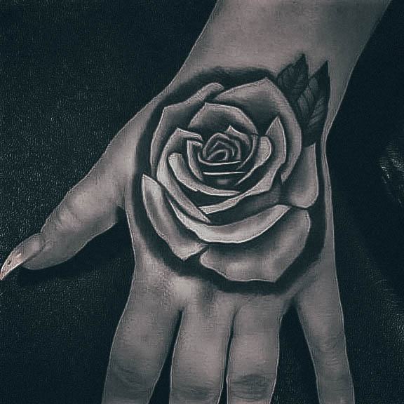 Exquisite Rose Hand Tattoos On Girl Shaded