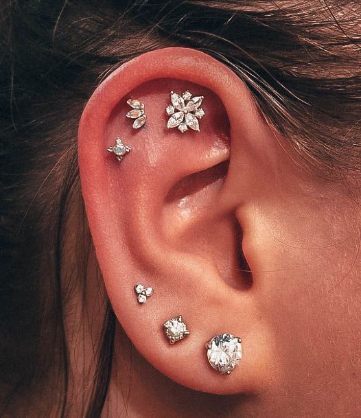 Exquisite Silver Flower White Glassy Diamond Constellation Ear Piercing Inspiration For Women
