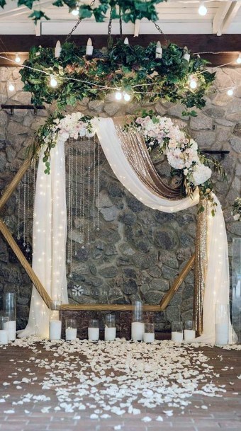 Exquisite White Valance Drapery Gold Pentagon Arch Wedding Backdrop Inspiration