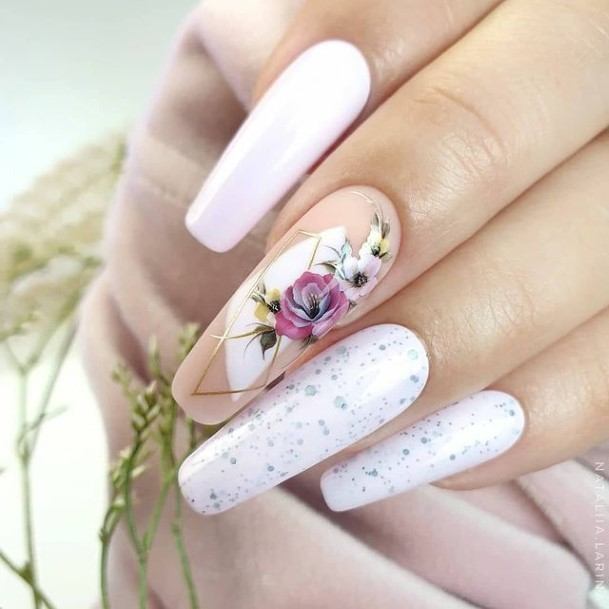 Exquisite White With Flowers Nails On Girl