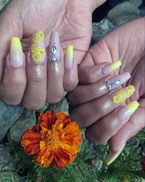 Exquisite Yellow Nails With Rhinestones Women