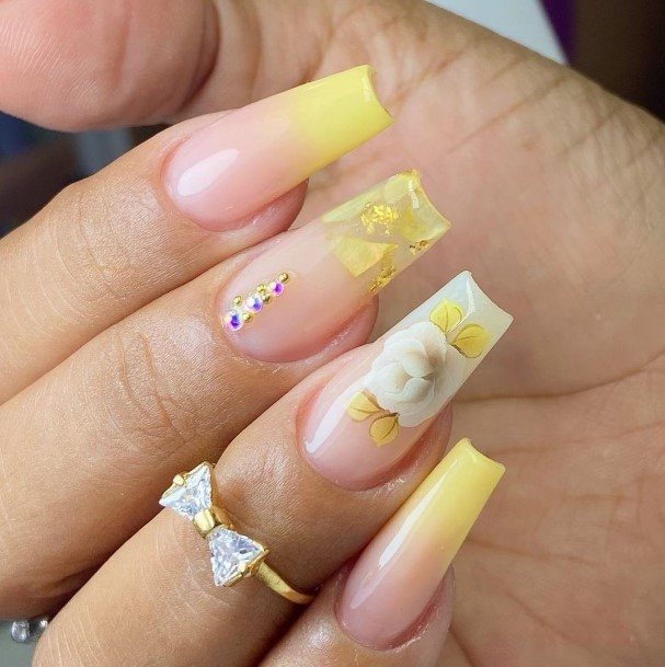 Exquisite Yellow With Diamonds Nails On Girl