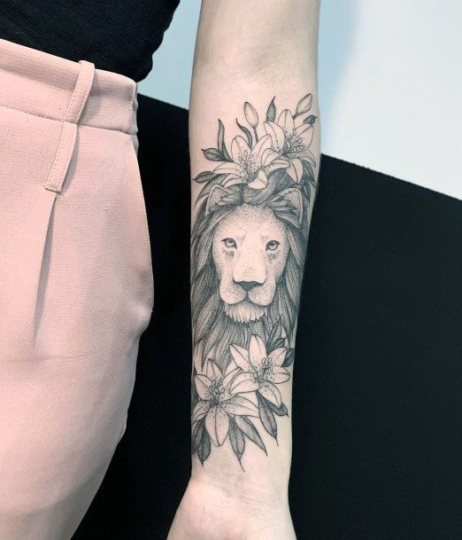 Exquisitive Lion Tattoo With Flowers For Women On Arms