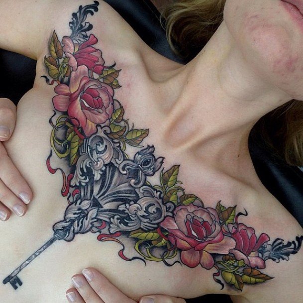 Extravagant Detailed Flower Tattoo Womens Chest