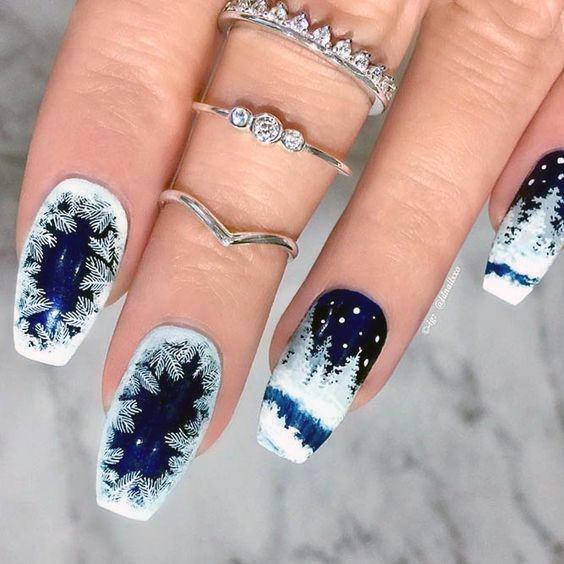 Extreme Deep Blue Snow Nails With Fine White Flakes Women