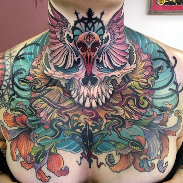 Extreme Womens Chest Tattoo
