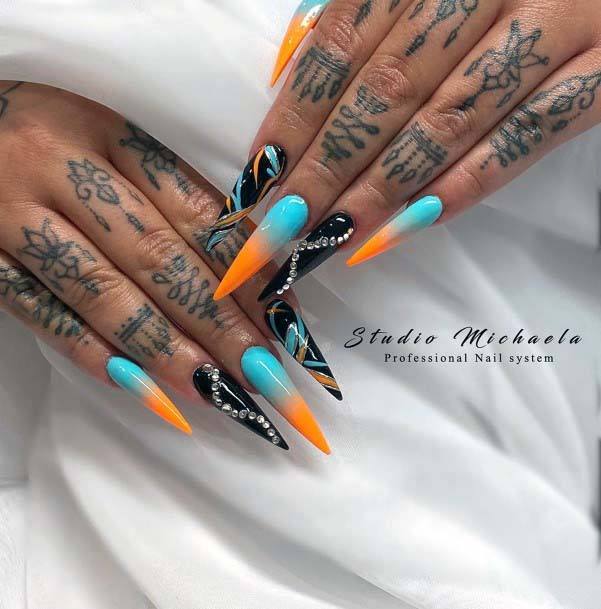 Extremely Long Dark Orange And Blue Nails For Women