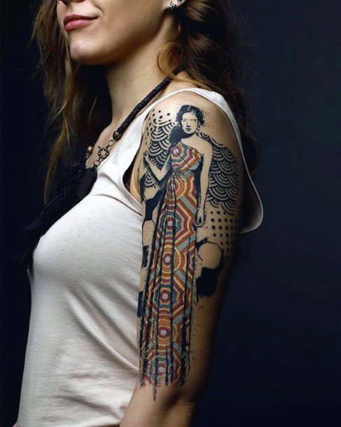 Extremely Tall Girl Tattoo Womens Half Sleeve