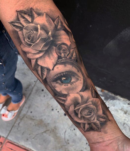 Eye And Roses Clock Tattoo Womens Hands