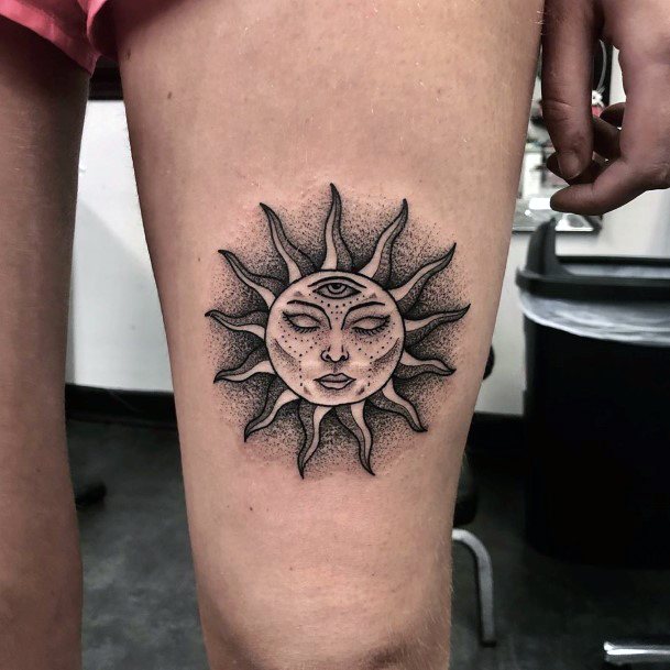 Eye On Sun Tattoo Womens Thighs