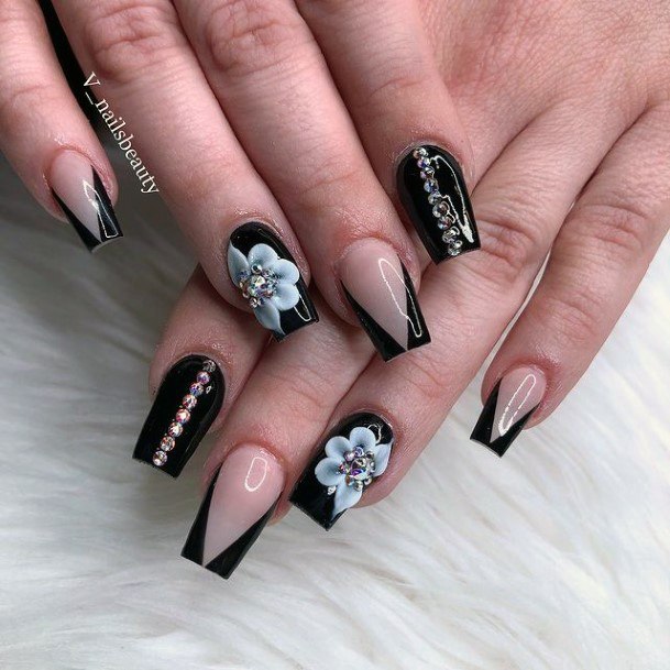 Fab Black 3d Flowers Nails