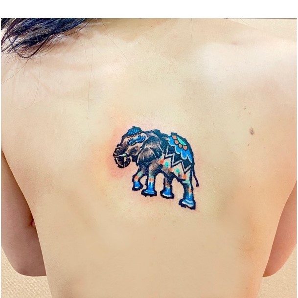 Fabulous Blue Elephant Tattoo Womens Back