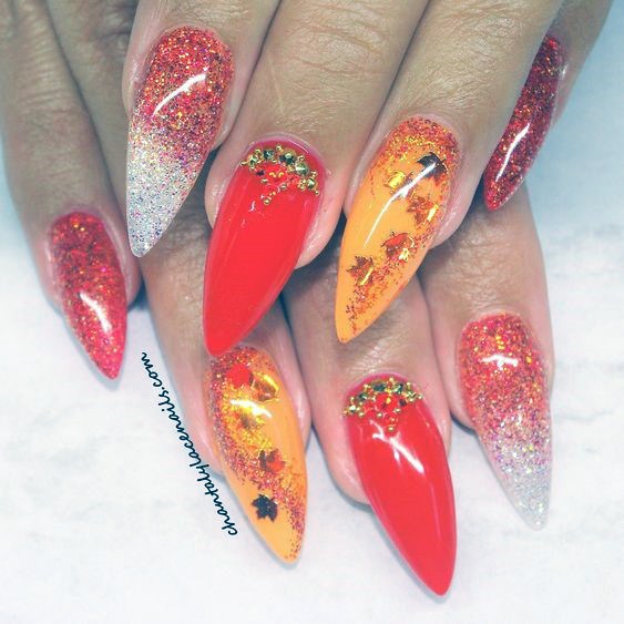 Fabulous Bright Orange Sparkly Fall Ombre Nails Desighn Fascinating Detail Ideas For Women